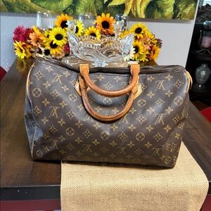 Louis Vuitton Brown Monogram Satchel with Tan Handles